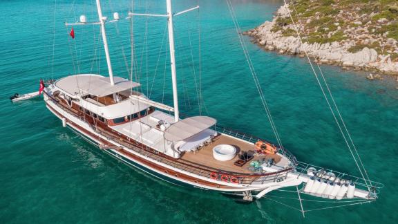 The Gulet Halcon Del Mar with elegant design and spacious deck off the Turkish coast.